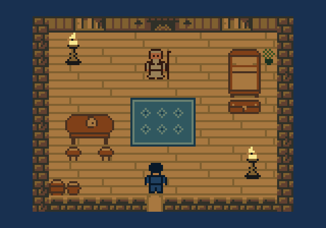 A compact elder’s hut with a bed, books, hearth and warm candlelight.